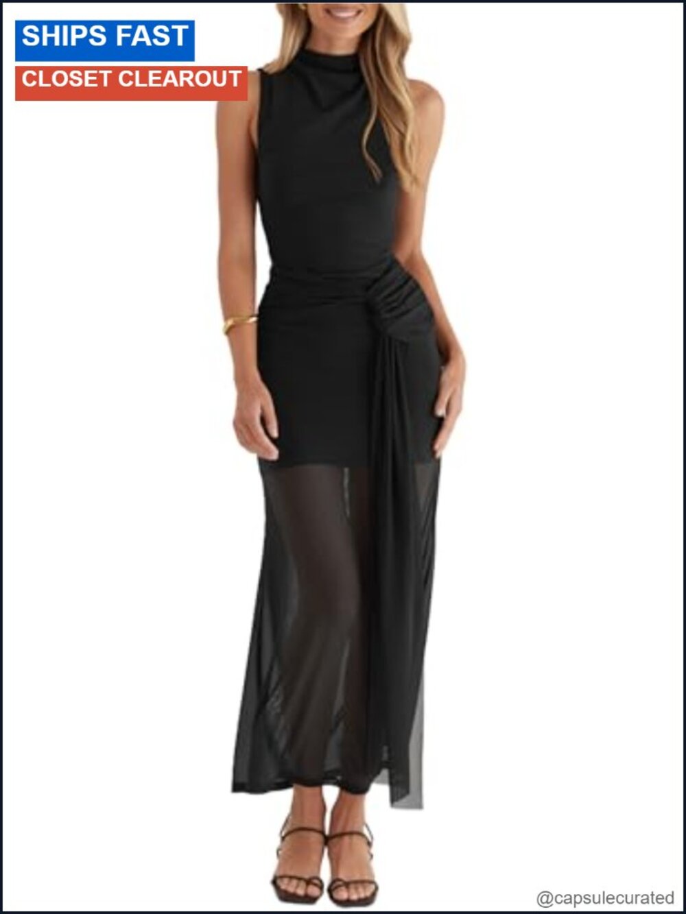 OWIN Women's Bodycon Maxi Dress Sleeveless Mock Neck Ruched Mesh Sheer Hem